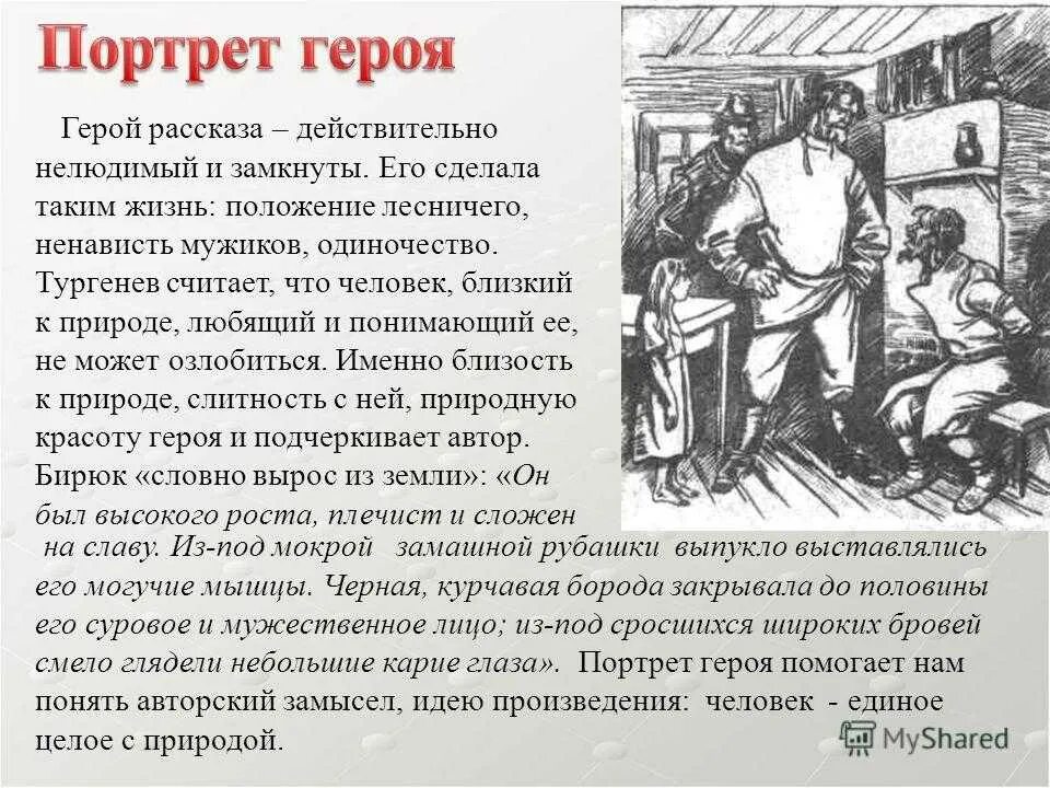 Последний рассказ краткое содержание. Бирюк портрет главного героя. Описание портрета Бирюка. Бирюк характеристика героев. Характеристика Бирюка из рассказа Тургенева.