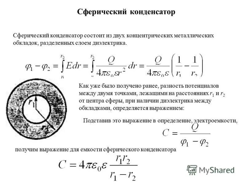 сферический конденсатор, заполненный диэлектриком. сферическая оболочка из диэлектрика. электроемкость сферического конденсатора. сферический конденсатор. электроемкость сферического конденсатора формула.