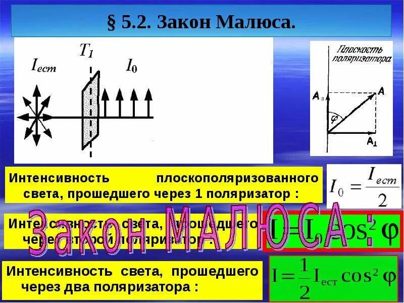 Интенсивность света прошедшего через два поляризатора. Закон малюса для естественного и плоскополяризованного света. закон малюса интенсивность света прошедшего через поляризатор. интенсивность света закон малюса. интенсивность света через поляризатор.