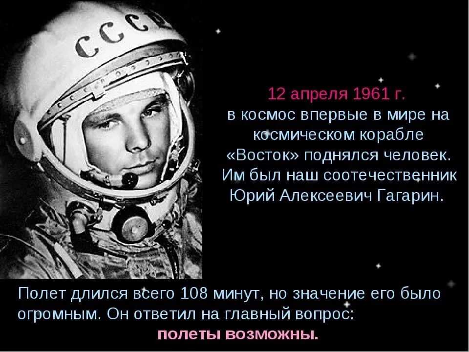 Полет Юрия Гагарина в космос кратко.