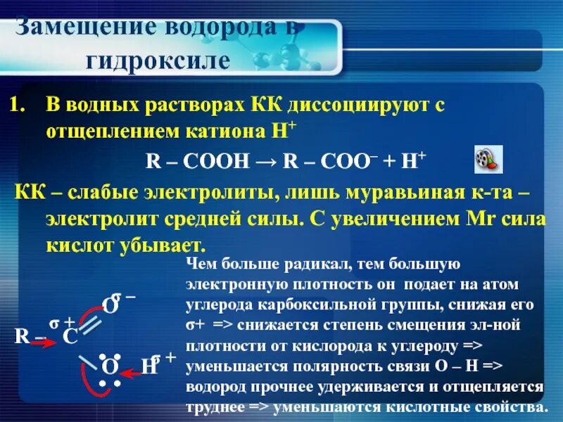 Замещение водорода. Диссоциируют в растворах:. На что диссоциируют карбоновые кислоты. Водород диссоциирует. Реакции с водородом название