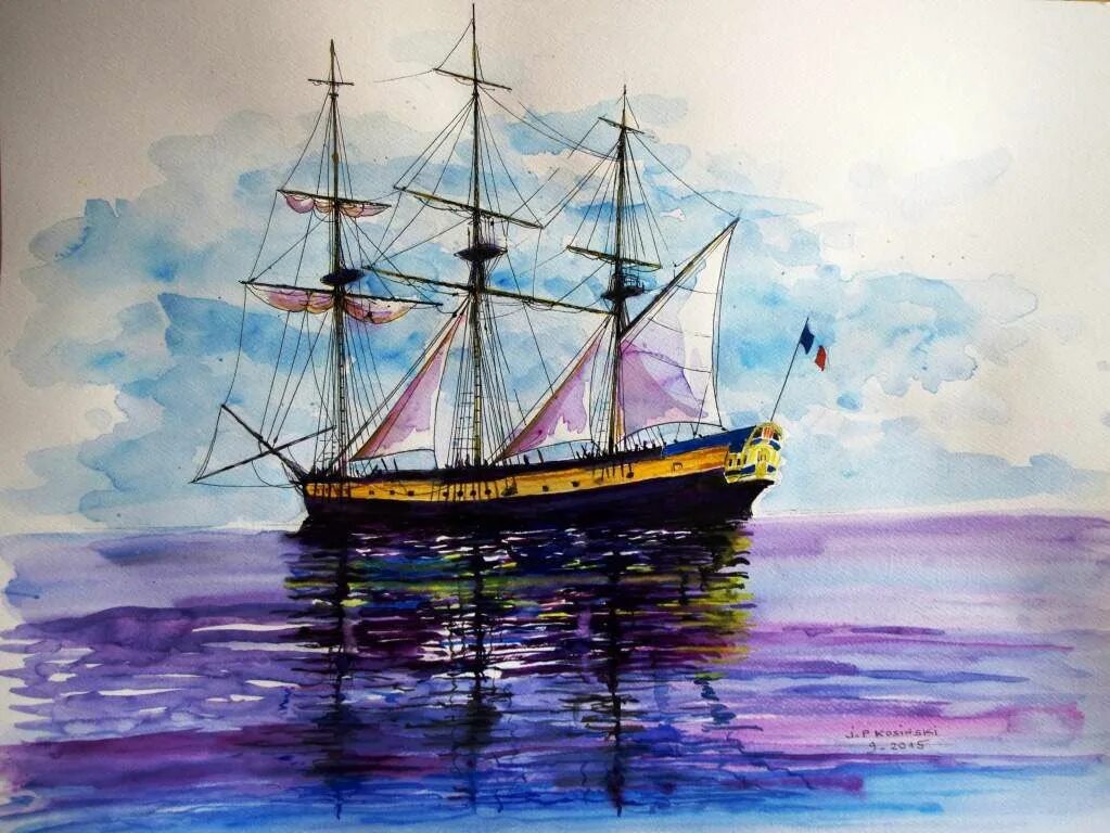 Морской пейзаж акварелью для детей. Море рисунок. Кораблик красками. Корабль алые паруса. Рисование кораблик.