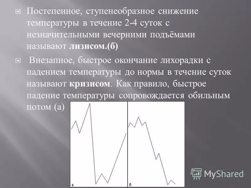 Три периода развития лихорадки. Лизис это снижение температуры. Постепенное снижение температуры. Лизис лихорадки. Постепенное снижение температуры называется.