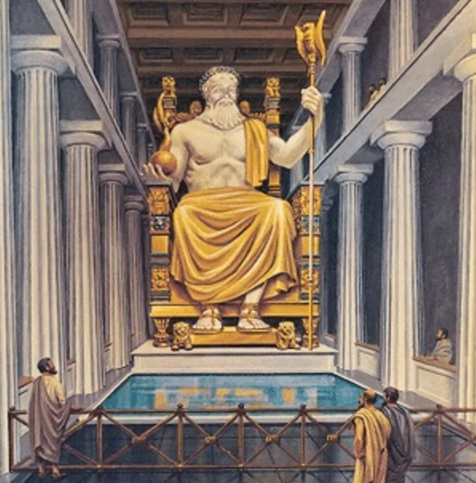 7 Чудес света статуя Зевса в Олимпии. Скульптура Фидия Зевс Олимпийский. Фидий статуя Зевса в Олимпии. Статья Зевса в Олимпии.
