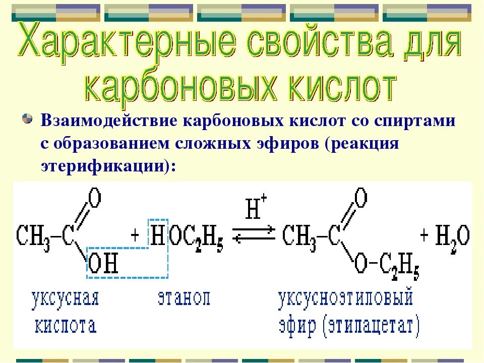 Реакции химических свойств карбоновых кислот. Взаимодействие карбоновых кислот с карбоновыми кислотами. Взаимодействие спирта с карбоновой кислотой реакция этерификации. Реакция этерификации карбоновых кислот. Химические свойства карбоновых кислот этерификация.