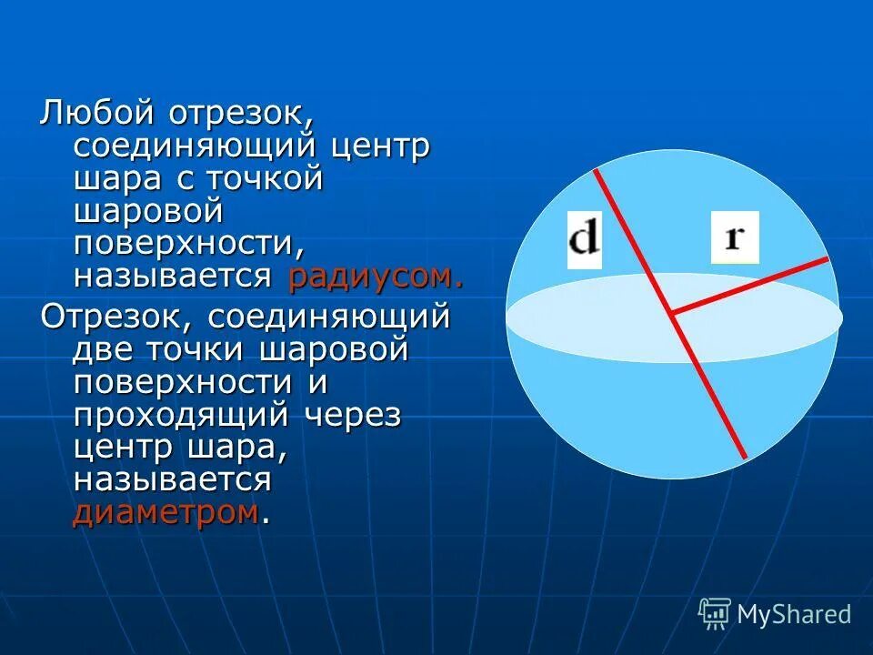 сфера имеет. диаметр сферы. центр и радиус сферы. шар, сечения шара, радиус, диаметр. расстояние между двумя точками на сфере.