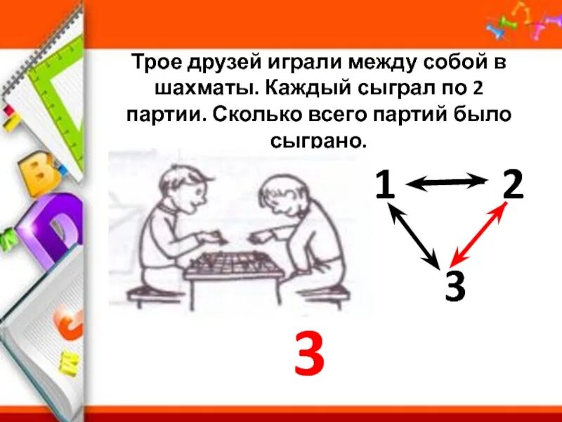 По двое по трое. Сколько всего партий играли в шахматы. Трое друзей играли. 2 Шахматиста сыграли 2 партии. Скольки партий играю в шахматы.