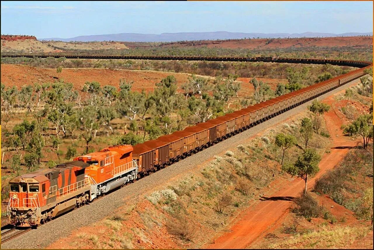 Поезд горнодобывающей компании BHP Billiton, Австралия. Поезд компании BHP Billiton Австралия. Самый длинный поезд в мире BHP Billiton.. Самый длинный поезд в мире 682 вагона.
