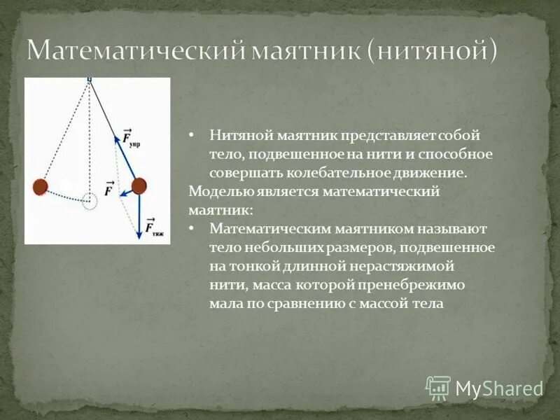 Движение маятника. Нитяной маятник это математический маятник. Колебательная система нитяной маятник. Нитяной и пружинный маятники. Модель математического маятника.