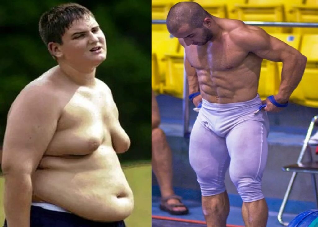Жир превращается в мышцы. Жирный и накаченный. Толстый и спортивный человек. Толстяк спортсмен. Жирный качок.