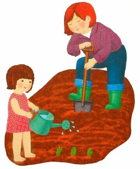 Труд в огороде. Детям о труде. Дети копают грядки. Труд рисунок для детей.