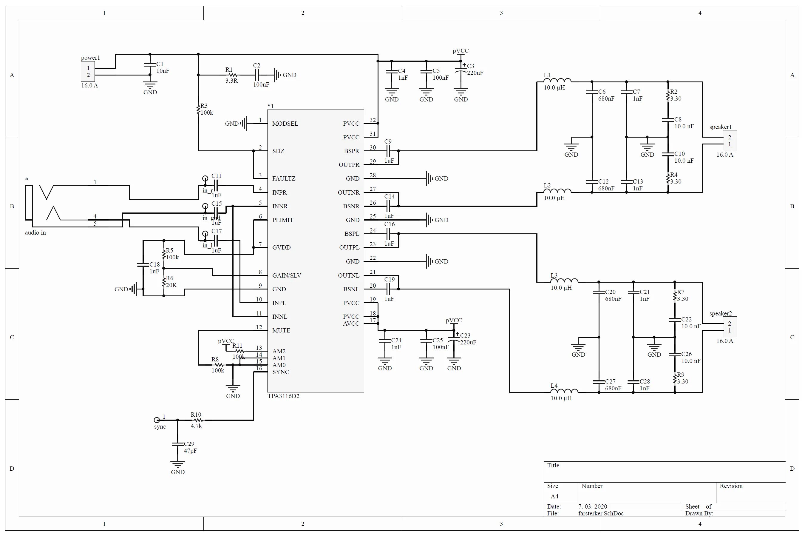 RDC2-0020, Усилитель низкой частоты класса D. TPA3116D2. 2х50Вт. - включение BTL