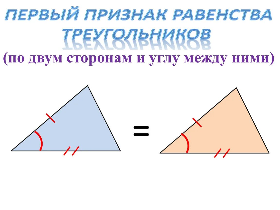 1 признак равенства прямых треугольников. Теорема о равенстве треугольников по двум сторонам и углу между ними. 1 Признак равенства треугольников. 1ый признак равенства треугольников. Теорема первый признак равенства треугольников.