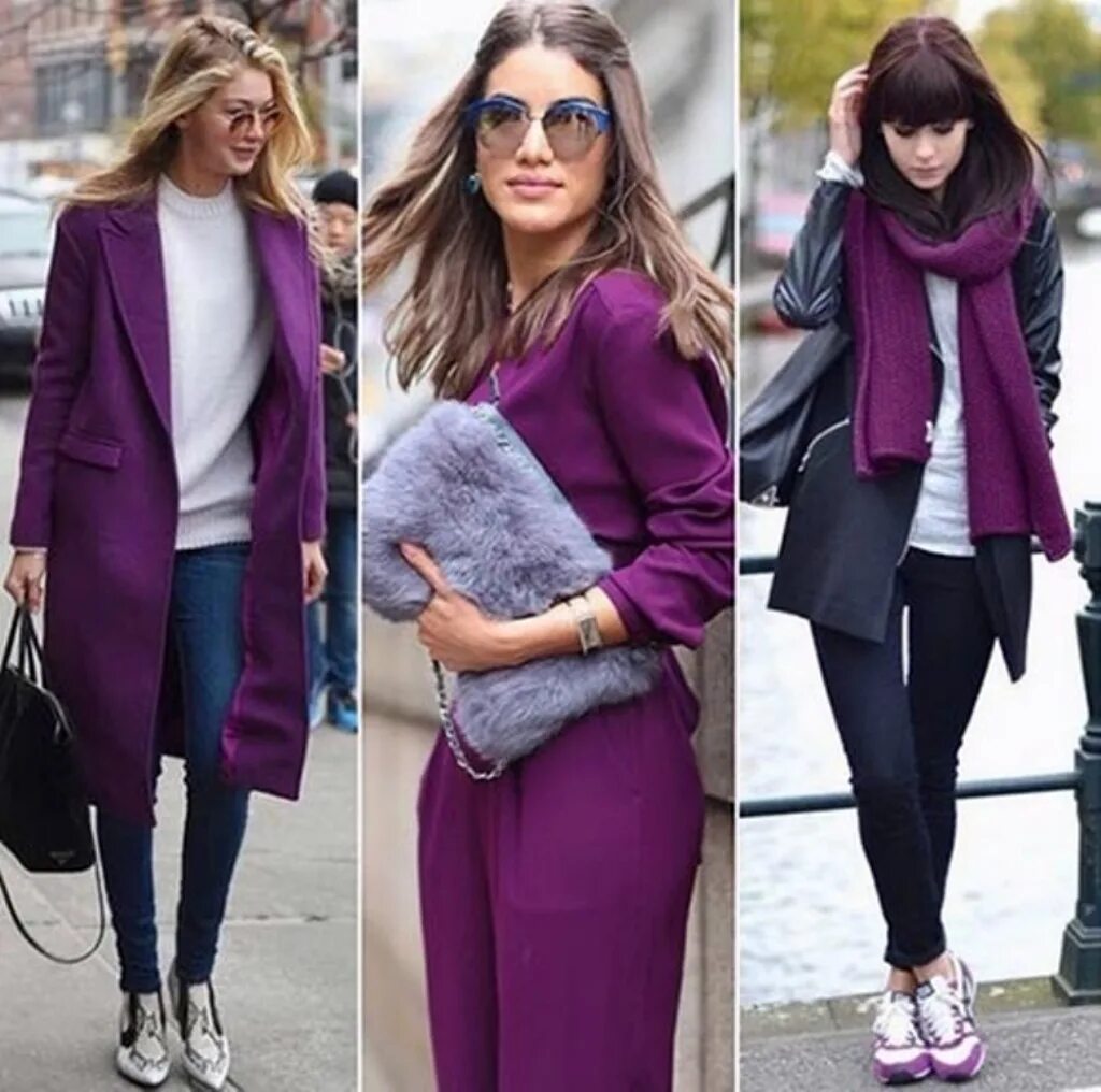 Сочетание фиолетового с другими цветами в одежде. Фиолетовое пальто. Сочетание с фиолетовым. Сочетание цветов с фиолетовым в одежде. Сочетание сиреневого цвета в одежде.