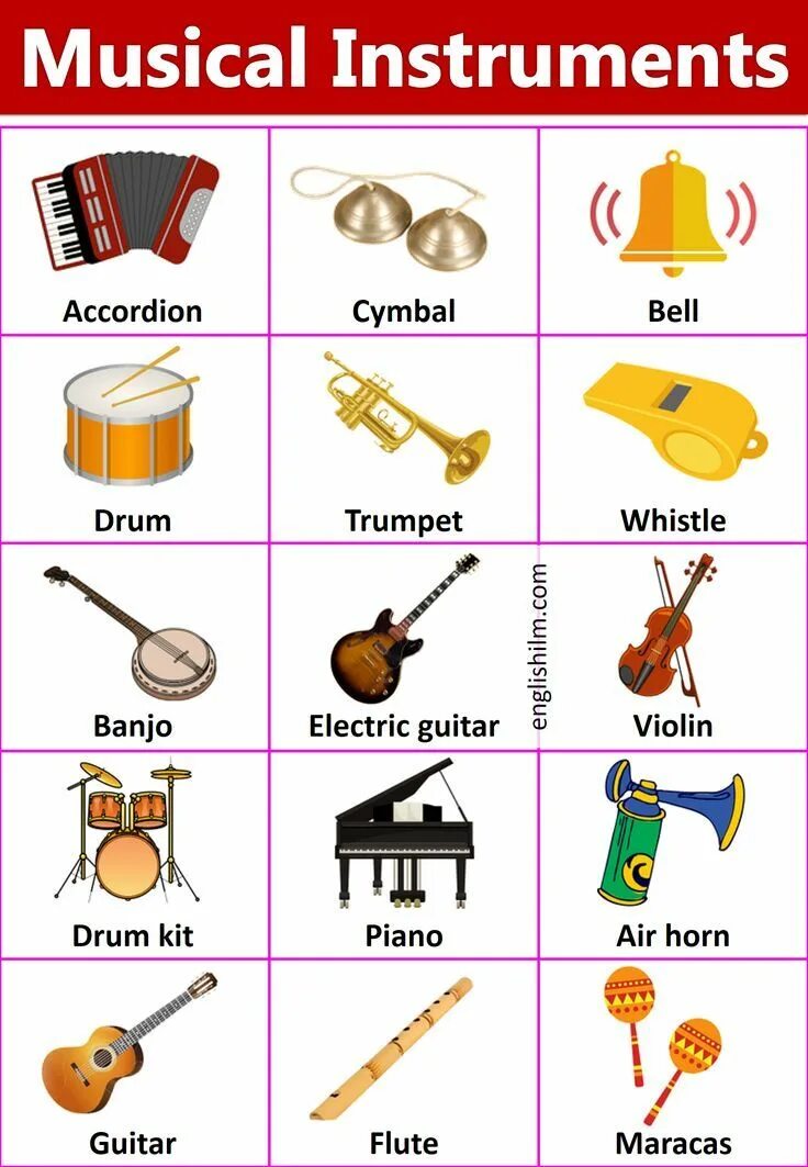 Musical instruments names. Musical instruments vocabulary for kids. musical instrument names in english. musical instruments vocabulary.