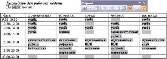 Шаблон форма календарь дел рабочей недели Создание документов на основе шаблонов. Применение стилевого оформления.