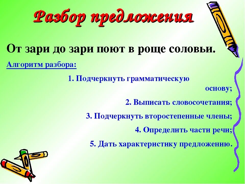 Алгоритм разбора предложения. От зари до зари предложение. Составь предложение от зари до зари. Алгоритм разбора предложения 3 класс.