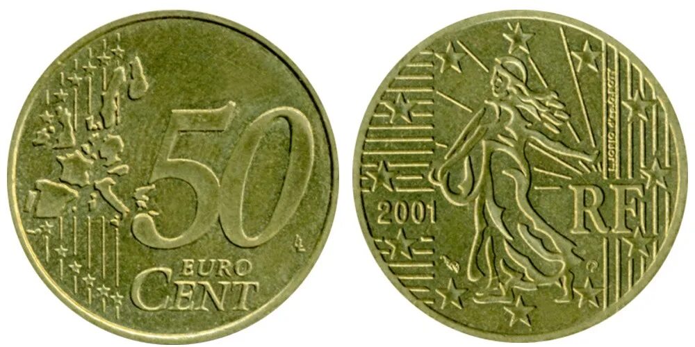 20 Евроцентов Франция 2001. 10 Евроцентов 2001. 50 Евроцентов Франция. 50 Евроцентов 2001.