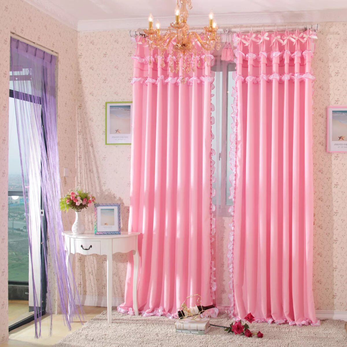 Розовые шторы. Розовые занавески. Шторы к розовым обоям. Розовые шторы в спальню.