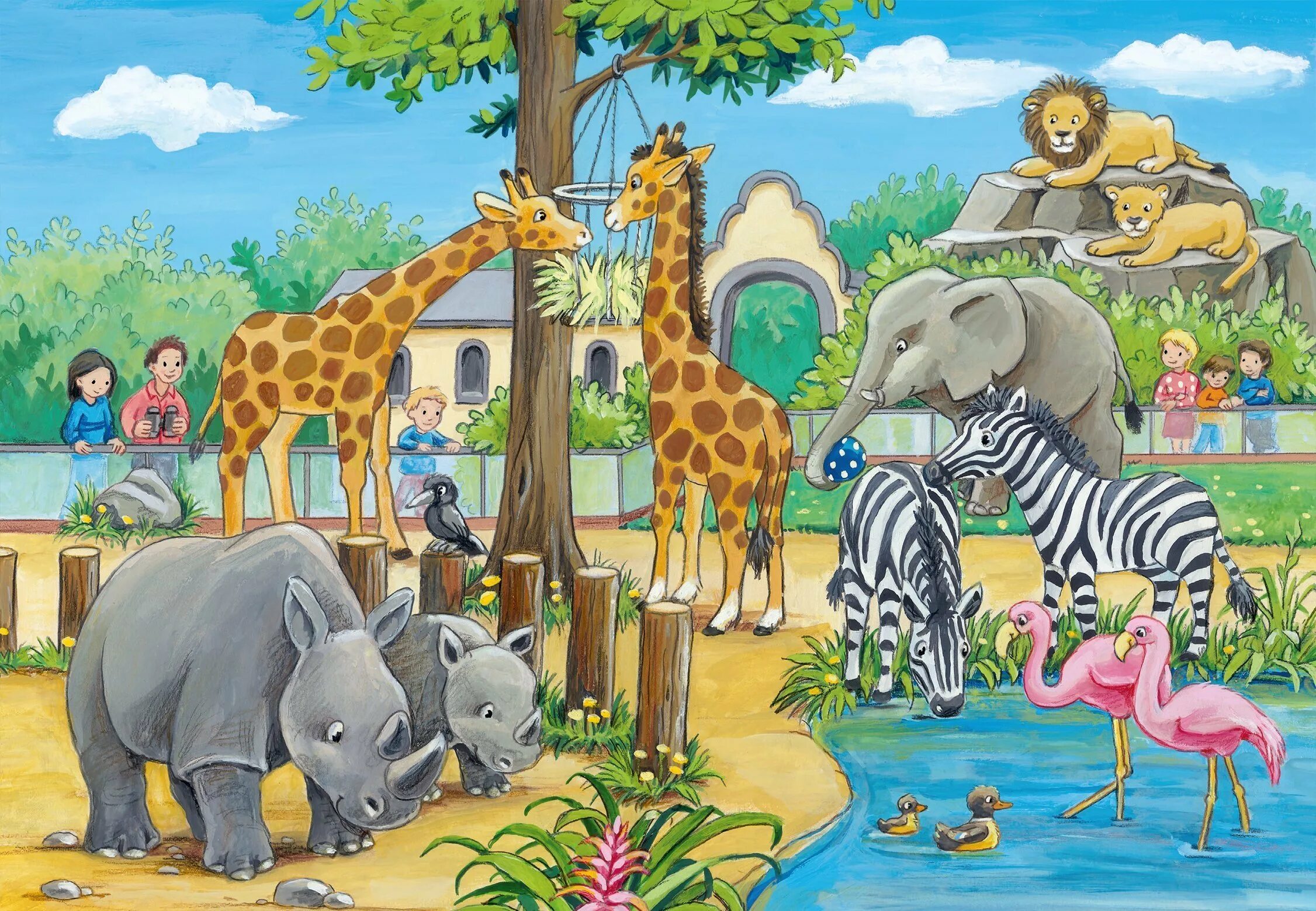 Произведение зоопарк. Пазл Ravensburger 3+. Дети в зоопарке. Зоопарк мультяшный. Зоопарк иллюстрация.