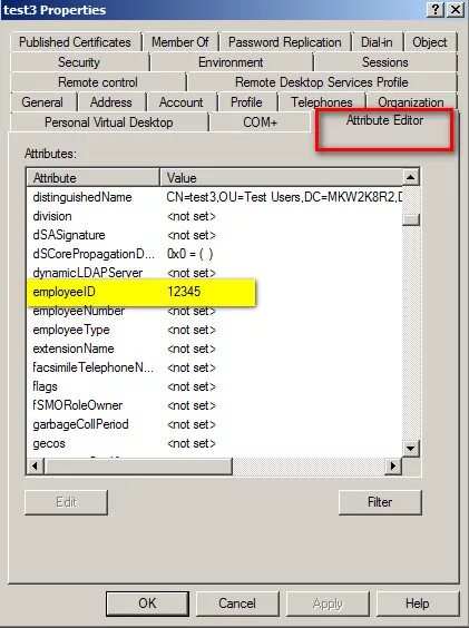 Test properties. Active Directory где найти Employee number. EMPLOYEEID.