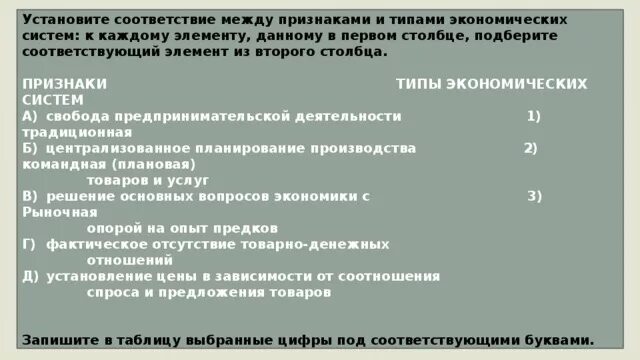 Установите соответствие между отличительными признаками. Установите соответствие признак и Тип экономической системы. Свобода предпринимательства Тип экономической системы. Командная плановая экономика ОГЭ.