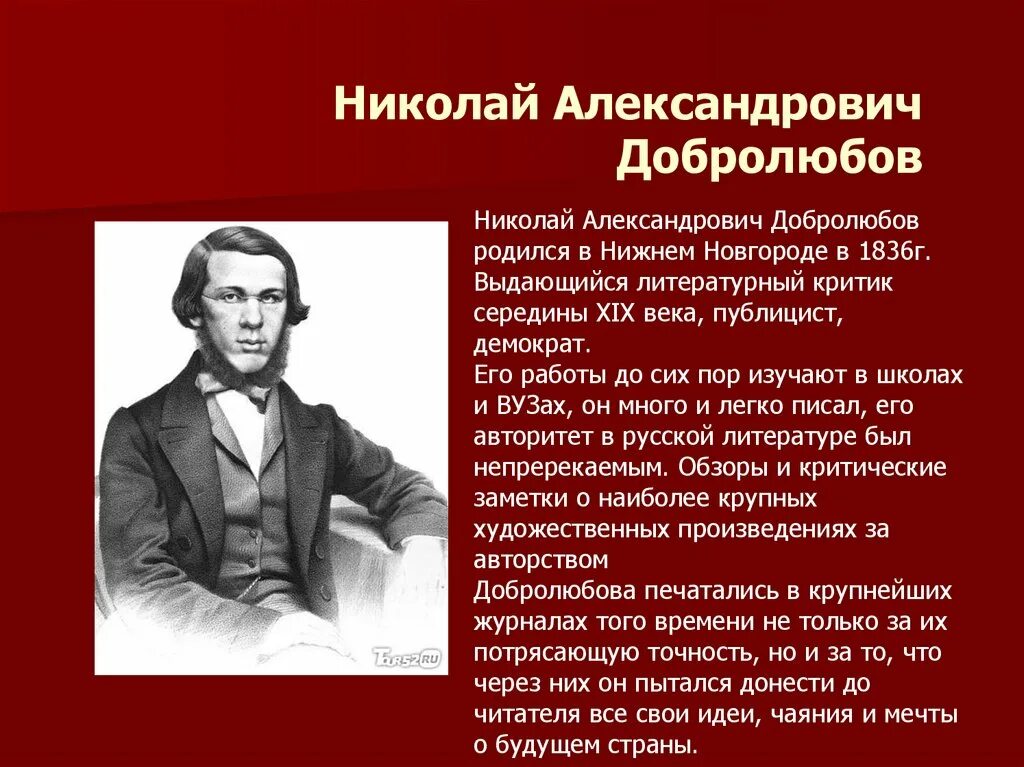 Великие и знаменитые в городе. Добролюбов 19 век.