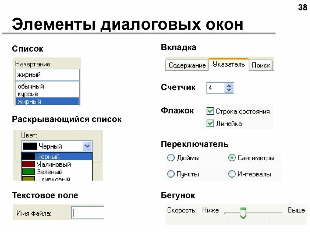 Элементы управления интерфейсом. Названия элементов диалогового окна. Назовите элементы диалоговых окон. Элементы управления диалогового окна. Диалоговое окно элементы интерфейса.