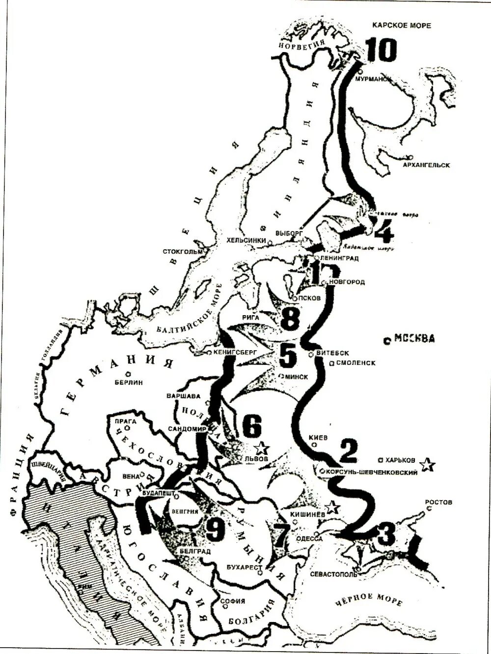 Десять сталинских ударов 1944. 10 Сталинских ударов 1944 год карта. Карта десять сталинских ударов Великой Отечественной войны. 10 Сталинских ударов ВОВ. Десять сталинских ударов 1944 год