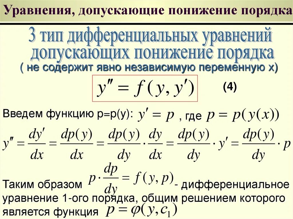 Метод понижения порядка дифференциального уравнения. Уравнения допускающие понижение порядка. Дифференциальные уравнения допускающие понижение порядка. Дифференциальные уравнения понижающие порядок. F y y y n 0