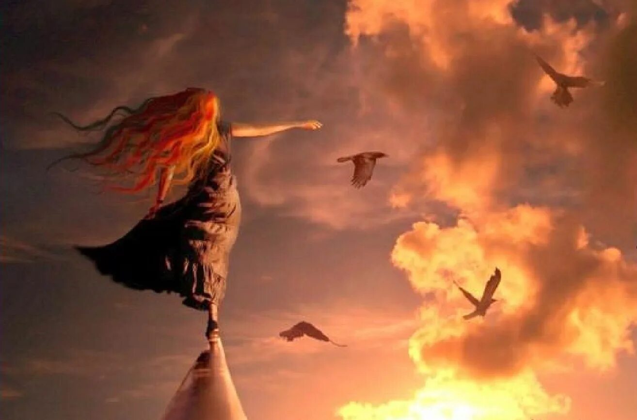 Полет души. Девушка и улетающие птицы. Птицы в небе. Девушка над пропастью.