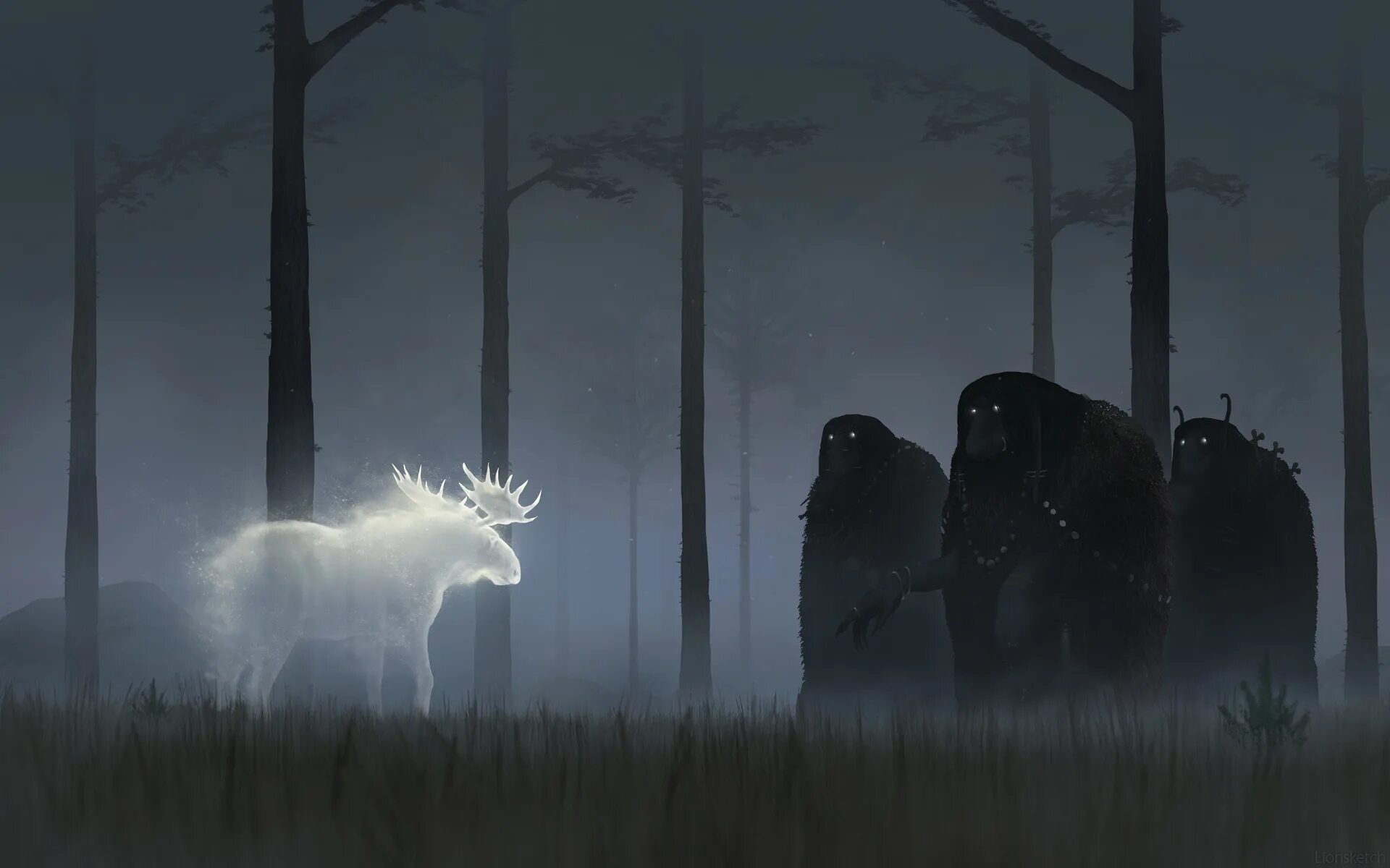 Монстр гонится. Призрак в тумане. Мистические существа в тумане. Призрачный лес.