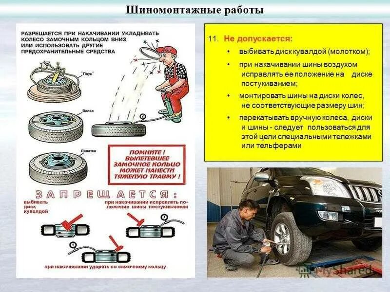 При сборке автомобильного. Требования техники безопасности при замене колес автомобиля. Требования безопасности при накачке колес. Техника безопасности при проведении ремонта автомобилей. Шиномонтаж требования безопасности.