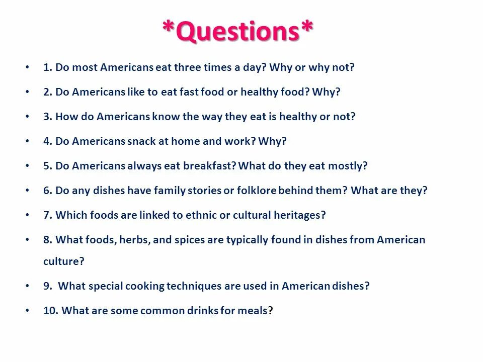 Questions about camps. Food speaking questions. Speaking questions about food. Fast food questions. Healthy food questions.