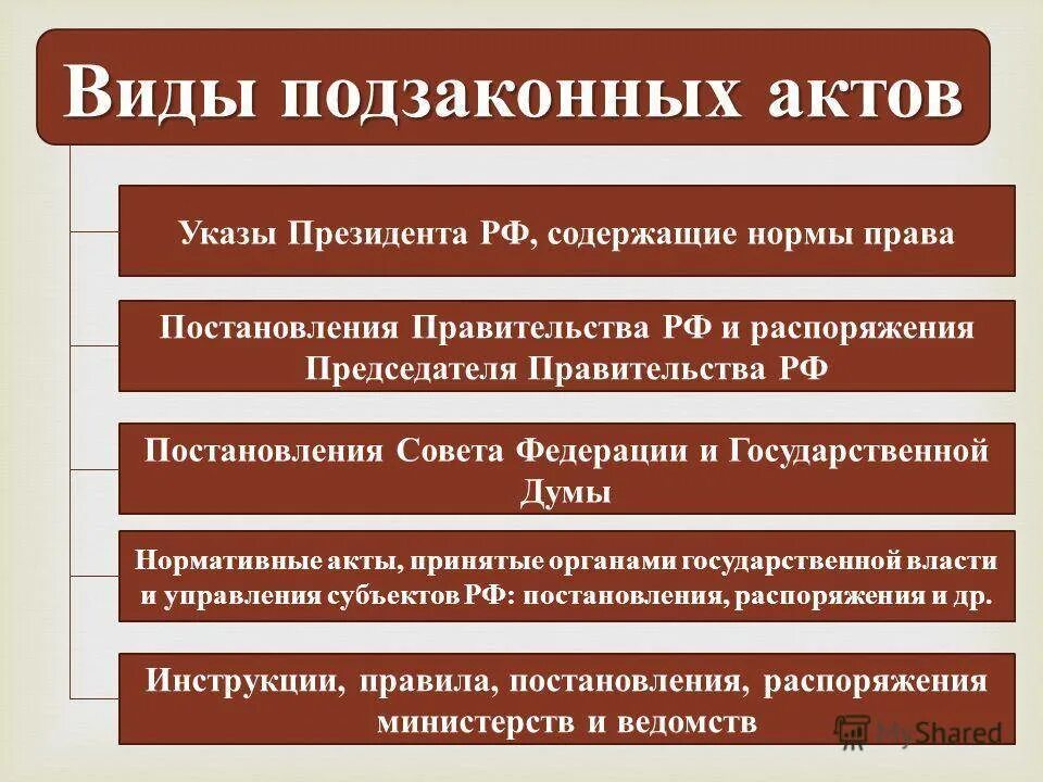 Понятие подзаконных нормативных правовых актов. Виды подзаконных нормативно-правовых актов. Вилу подзаконных актов. Виды подзаконнвх а тов. Виды подзаконных актов в РФ.