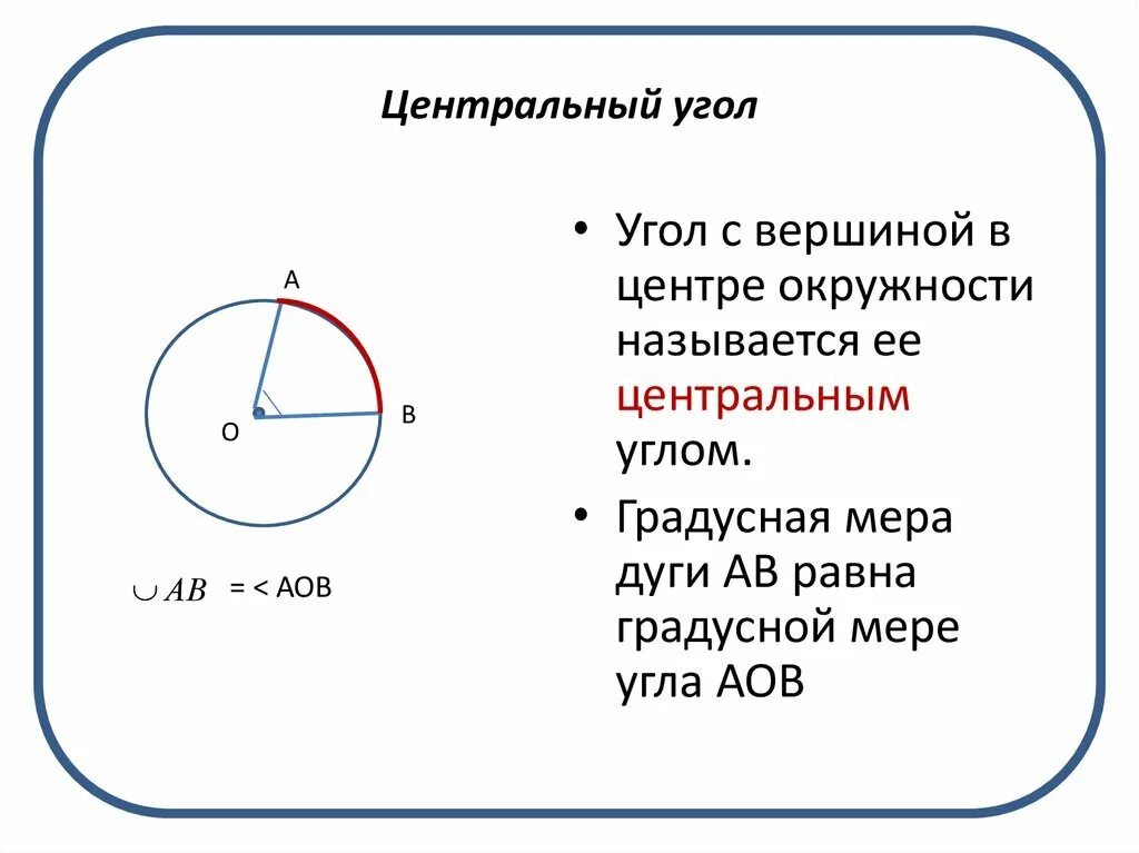 Дайте определение центрального угла. Центральный угол. Центральный угол окружности. Центральный УГРО. Свойства центрального угла в окружности.