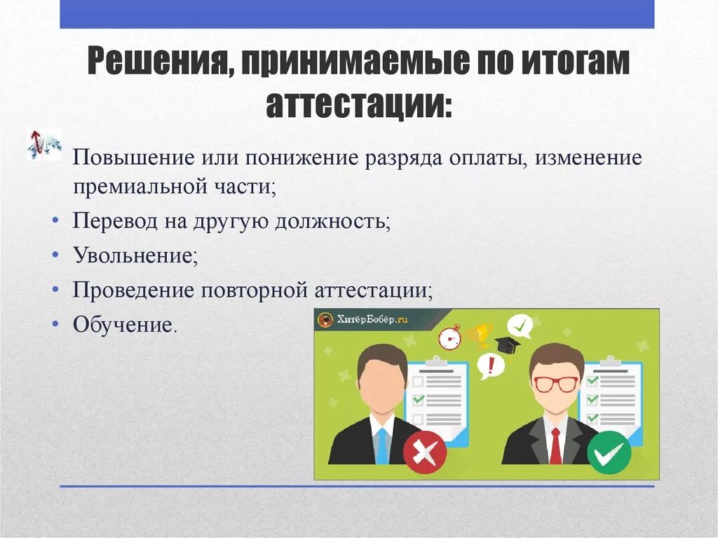 Решения, принимаемые по итогам аттестации. Аттестация работников. Аттестация персонала. Повышение или понижение.