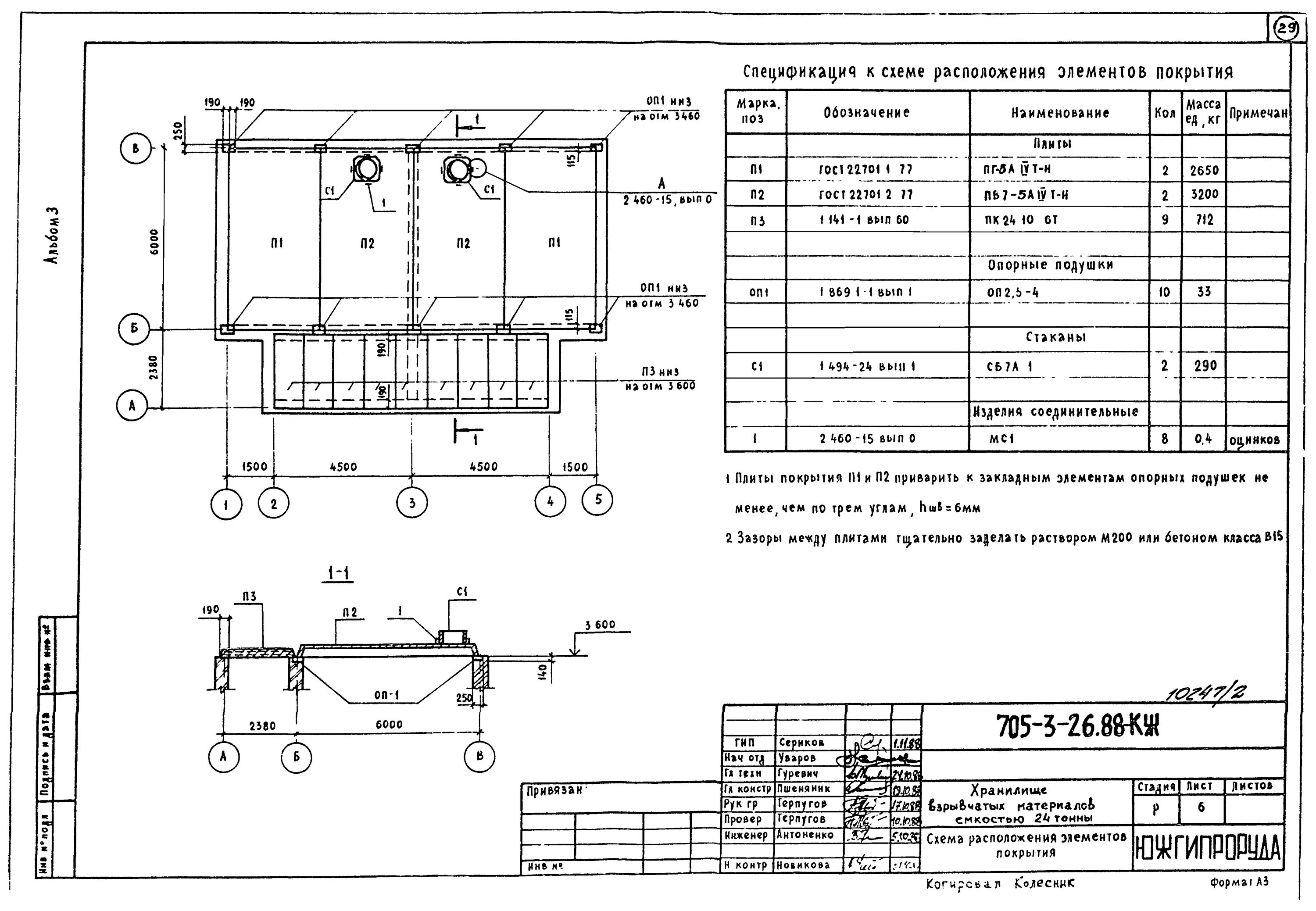 Типовой проект 705-3-26-88. Спецификация к схеме расположения элементов перекрытия. Схема расположения элементов покрытия. Спецификация к схеме расположения элементов.