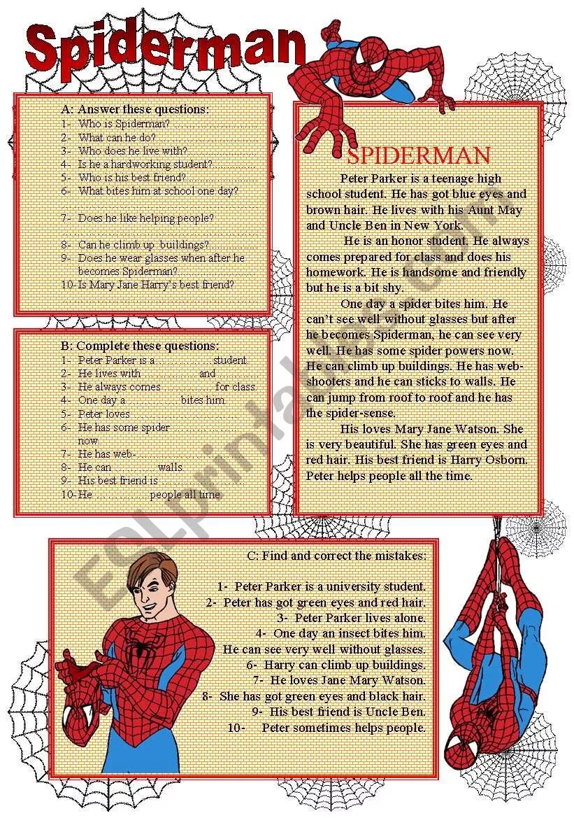Человек паук на английском языке перевод. Spider man worksheet english. Стих про человека паука. Рассказ про человека паука. Придумай своего супергероя.