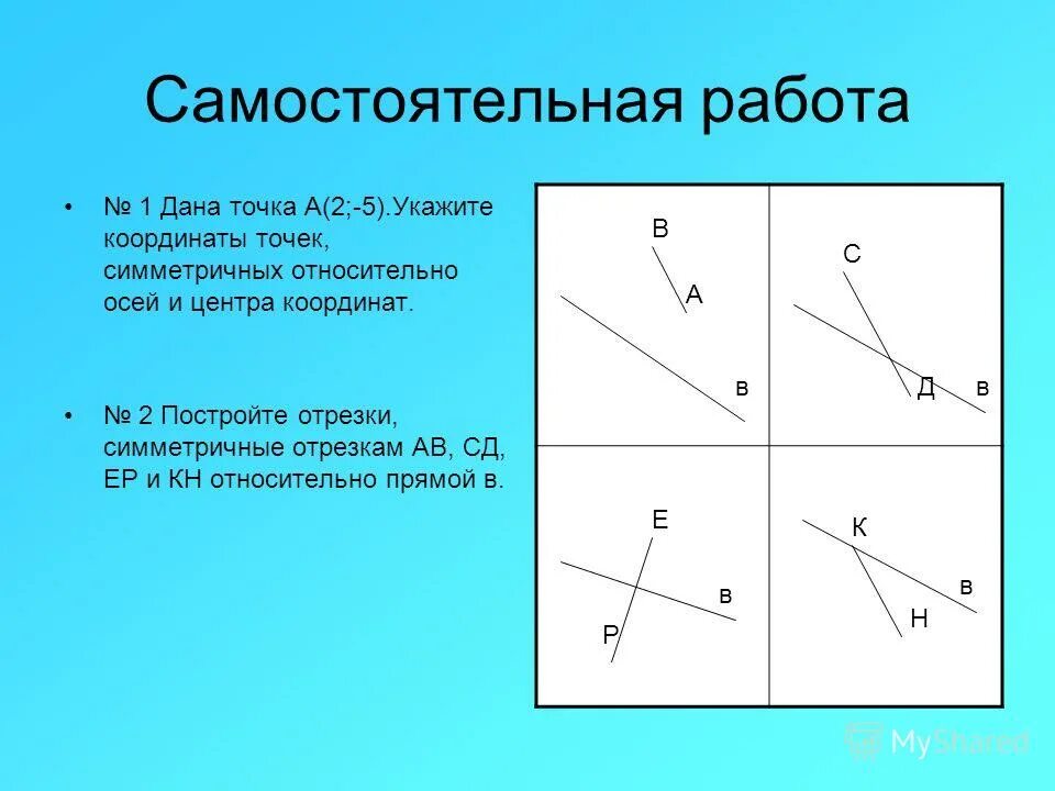 Изобрази точки относительно оси. Симметричные отрезки относительно оси. Координаты точки центральной симметрии. Построить отрезок симметричный относительно оси и центра. Симметричные координатные точки относительно центра.