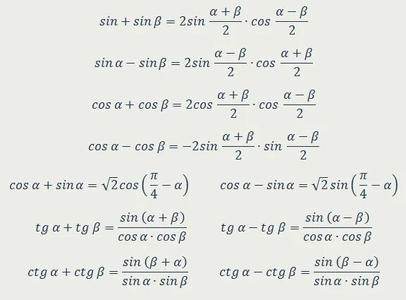 Тригонометрические преобразования формулы. Формулы преобразования тригонометрических функций. Формулы произведения тригонометрических функций в суммы. Тригонометрические формулы преобразования суммы. Синус альфа умножить на котангенс альфа