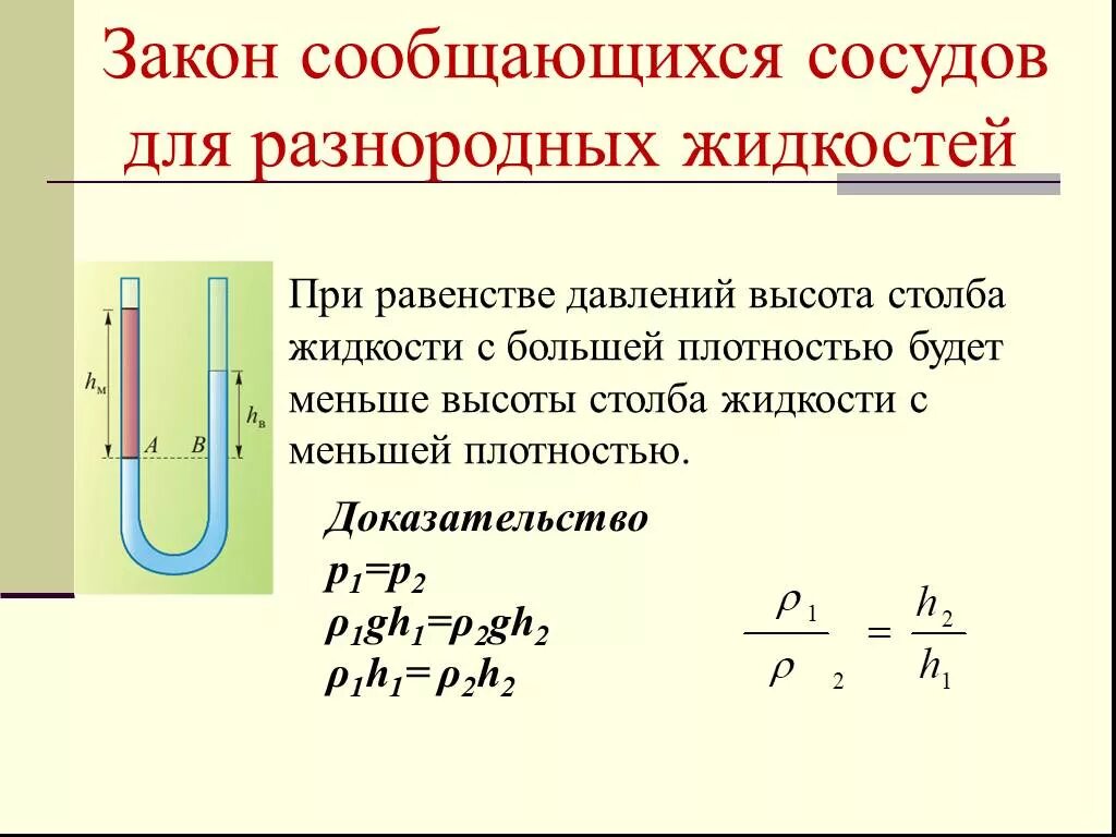 Объясните почему в сообщающихся сосудах. Сообщающиеся сосуды формулы для разнородных жидкостей. Сообщающиеся сосуды физика 7 класс формулы. Формула сообщающихся сосудов 7 класс физика. Закон сообщающихся сосудов для разнородных жидкостей.