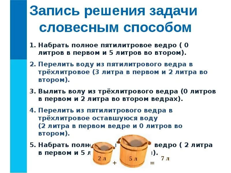 Набираем сосуд литров воды. Логические задачи про ведра с водой. Задача с веллрами волы. Ведро 5 литров и 3 литра отмерить 4. Задача про два ведра 5л и 3л решение.