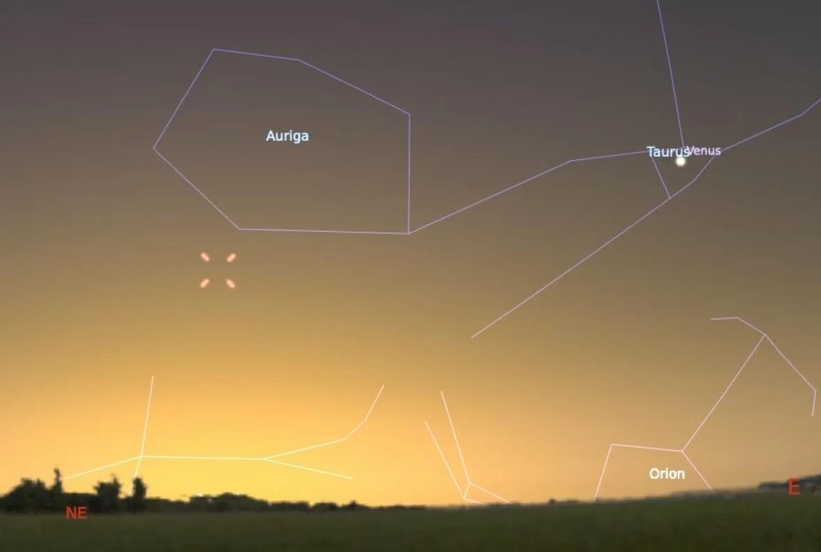 Первая звезда на западе. Яркая звезда на востоке над горизонтом. Яркая звезда на Юго-востоке.