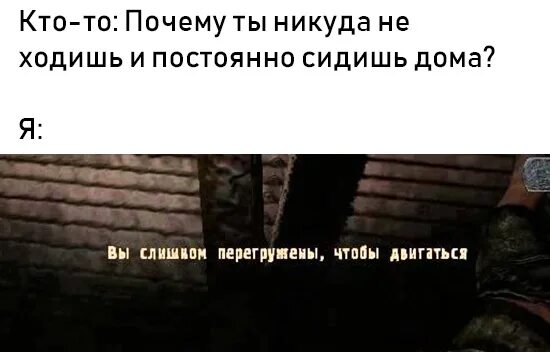 Никуда не двигаясь. Вы перегружены и не можете двигаться. Сталкер вы перегружены. Вы перегружены и не можете бежать Мем. Вы слишком перегружены чтобы двигаться сталкер.