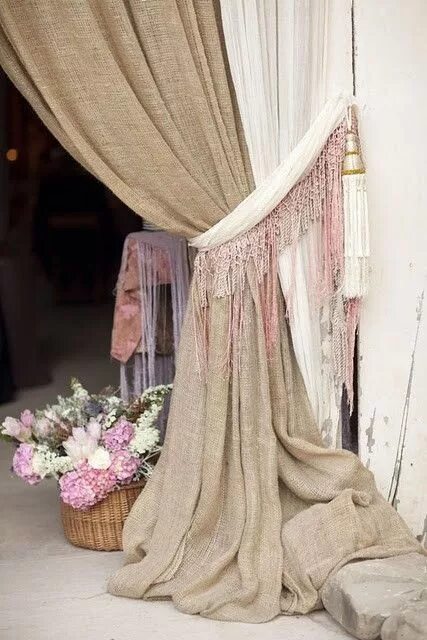 Eyelet Ruffles!SHABBY Rustic Chic Burlap SHOWER Curtain ROSETTE Hand CROCHET 72"