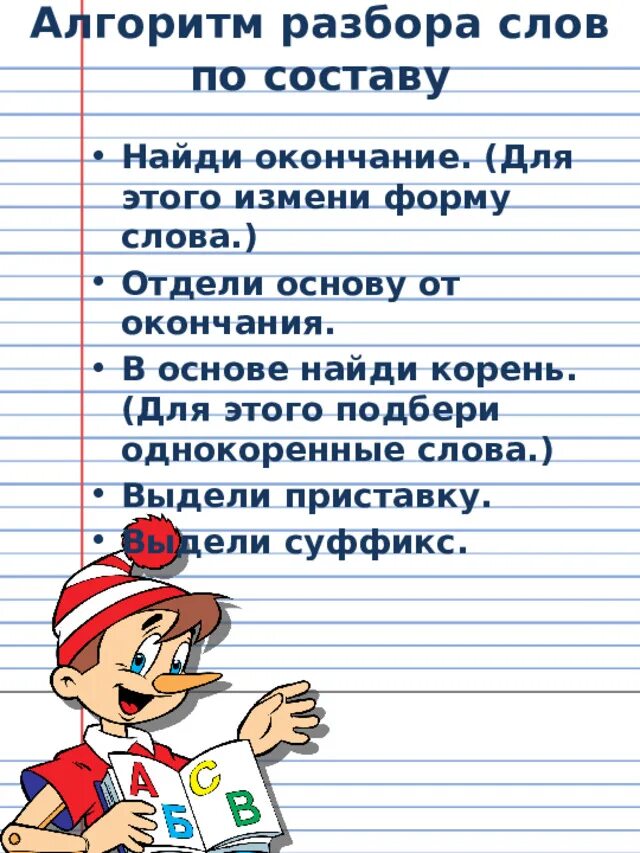 Алгоритм разбора слова. Алгоритм разбора слова по составу. Разбор слова поисоставу. Алгоритм разбора по составу 3 класс.