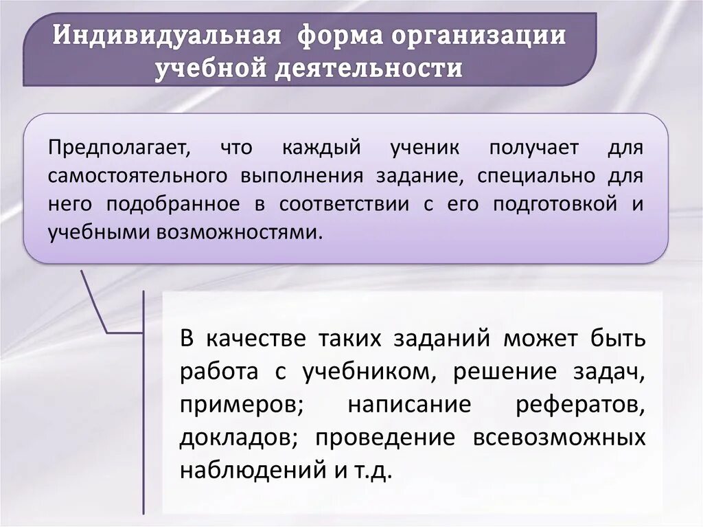 Индивидуальная форма организации. Индивидуальная форма работы на уроке. Формы организации учебной работы. Индивидуальная форма организации учебной деятельности.