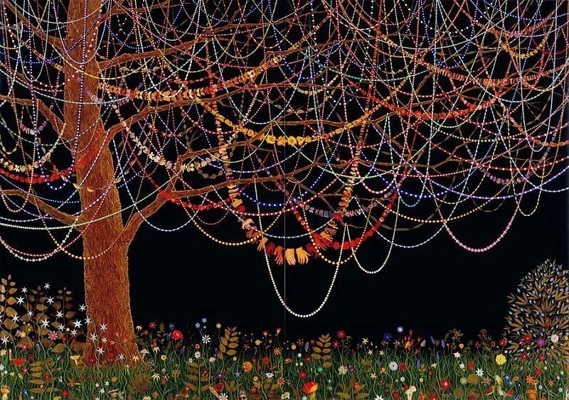 Hang over. Fred Tomaselli. Fred Tomaselli арт. Гирлянды на деревьях в лесу.