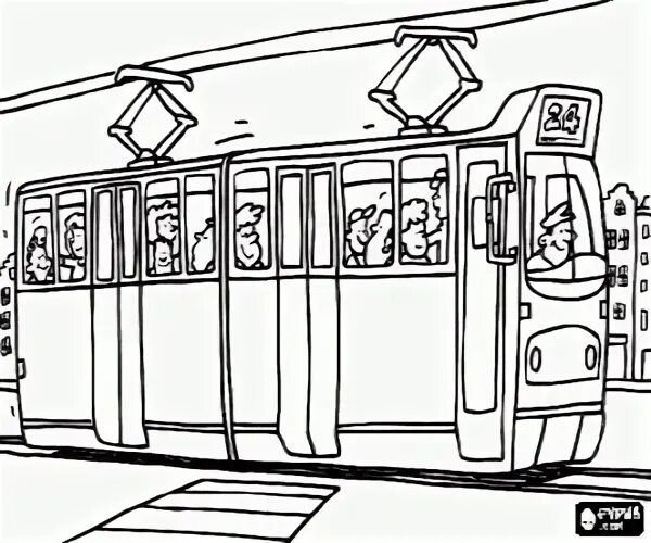 Tranvía con pasajeros y conductor para colorear, pintar e imprimir Coloring page